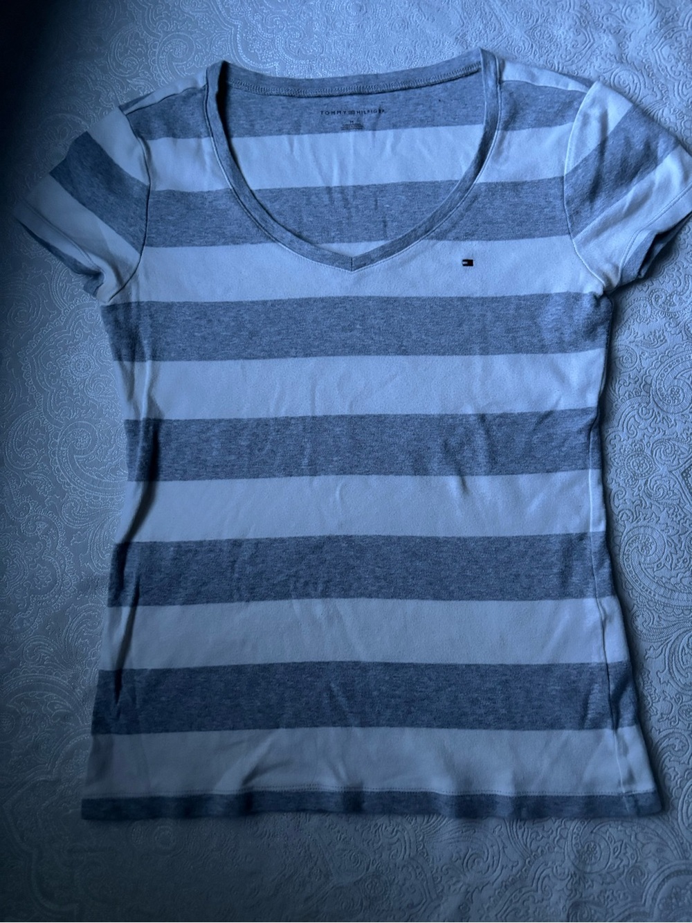 Tommy Hilfiger Grey and White Striped V-Neck Tee